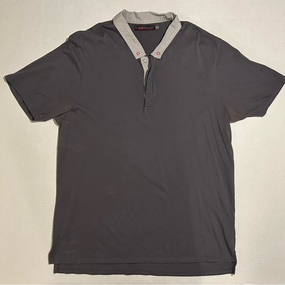 Modern Amusement Polo - Gray with Offset Striped Collar - Men's XL Y2K Vintage